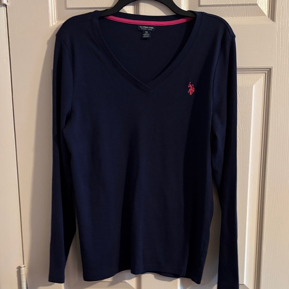 U.S. Polo Assn. Navy V-Neck Long Sleeve Top with Pink Logo Detail